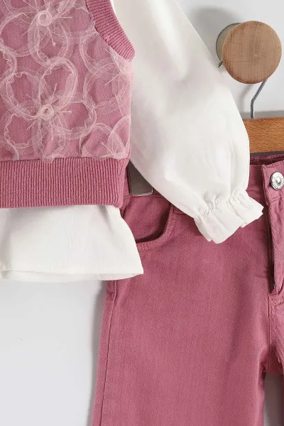 Pembe (1-5 Yaş) Bebe Yaka Keten Gömlekli Çiçekli Süveterli Gabardin Pantolonlu Kız Çocuk 3'lü Takım 442765