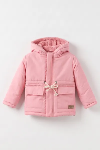 Pembe (1-5 Yaş) Belden İpli Kapüşonlu Kız Çocuk Mont 495816
