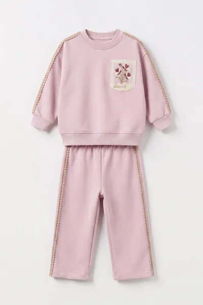 Pembe (1-5 Yaş) Cepli Nakışlı 3 İp Şardonlu Kız Çocuk Kışlık Takım 499029