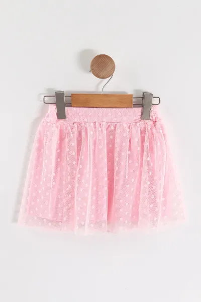 Pembe (1-5 Yaş) Çiçek Aplikeli Tişörtlü Tüllü Etekli  Kız Çocuk Yazlık Takım 461296