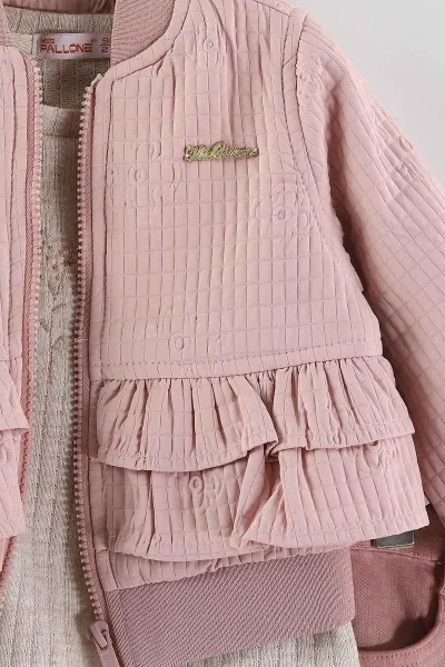 Pembe (1-5 Yaş) Çiçek Nakışlı Badili Fırfırlı Ceketli Kot Pantolonlu Kız Çocuk 3'lü Takım 443776