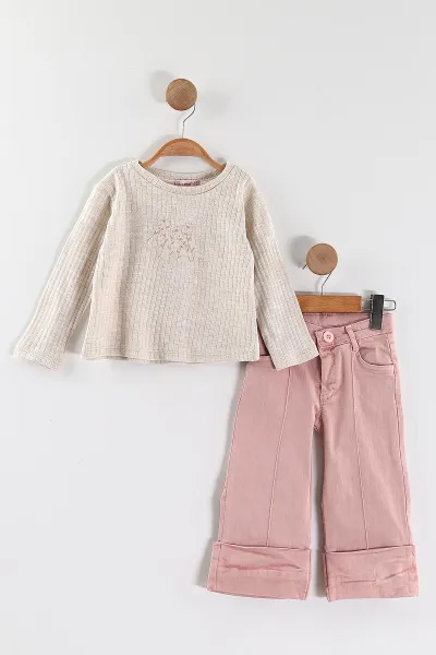 Pembe (1-5 Yaş) Çiçek Nakışlı Badili Fırfırlı Ceketli Kot Pantolonlu Kız Çocuk 3'lü Takım 443776