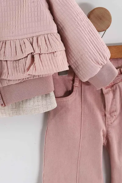 Pembe (1-5 Yaş) Çiçek Nakışlı Badili Fırfırlı Ceketli Kot Pantolonlu Kız Çocuk 3'lü Takım 443776