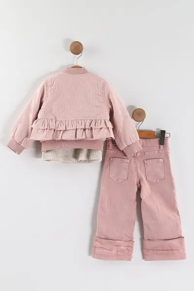 Pembe (1-5 Yaş) Çiçek Nakışlı Badili Fırfırlı Ceketli Kot Pantolonlu Kız Çocuk 3'lü Takım 443776