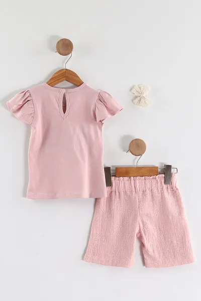 Pembe (1-5 Yaş) Çiçek Nakışlı Tişörtlü Müslin  Şortlu Toka Aksesuarlı Kız Çocuk Yazlık Takım 435021