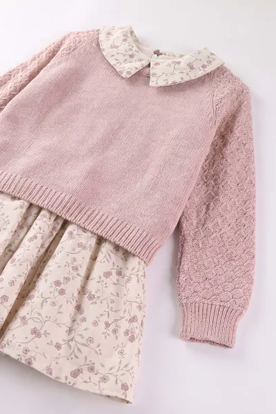 Pembe (1-5 Yaş) Çiçekli Elbiseli Triko Kazaklı  Kız Çocuk Elbiseli Takım 501071