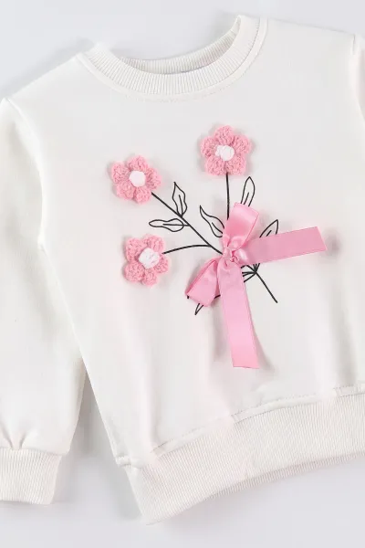 Pembe (1-5 Yaş) Çiçekli ve Fiyonklu 3 İp Şardonlu Kız Çocuk Kışlık Takım 499679