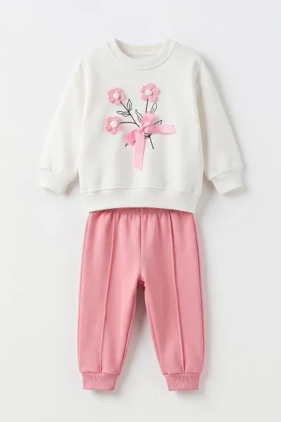 Pembe (1-5 Yaş) Çiçekli ve Fiyonklu 3 İp Şardonlu Kız Çocuk Kışlık Takım 499679