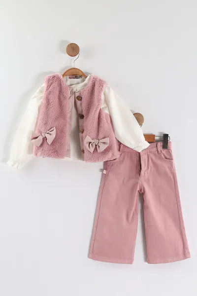 Pembe (1-5 Yaş) Fırfır Yaka   Müslin Gömlekli Peluş Fiyonklu Yelekli Kız Çocuk 3'lü Takım 444208