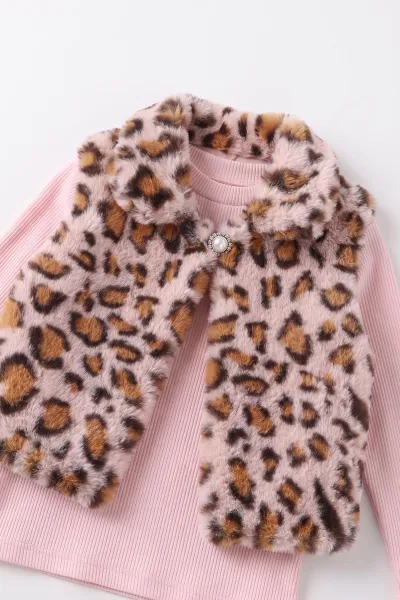 Pembe (1-5 Yaş) Fitilli Bodyli Leopar Peluş Ceketli  Nakışlı Kot Etekli Kız Çocuk 3lü Takım 495747
