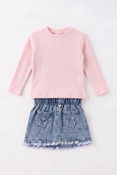 Pembe (1-5 Yaş) Fitilli Bodyli Leopar Peluş Ceketli  Nakışlı Kot Etekli Kız Çocuk 3lü Takım 495747