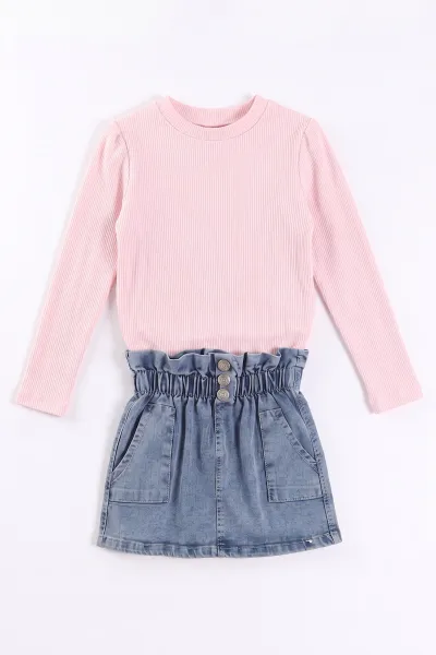 Pembe (1-5 Yaş) Fitilli Bodyli Peluş Ceketli Kot Etekli Kız Çocuk 3lü Takım 495741