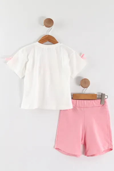 Pembe (1-5 Yaş) Fiyonk Aksesuarlı Tişört ve Şortlu Kız Çocuk 2'li Takım 458444