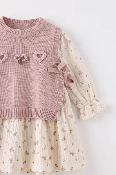 Pembe (1-5 Yaş) Fiyonk Baskılı Müslin Elbiseli Yandan Bağlamalı Triko Süveterli Kız Çocuk Elbiseli Takım 501050