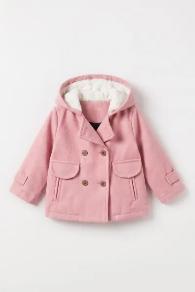 Pembe (1-5 Yaş) Fleto Cepli Kapüşonlu Kaşe Kız Bebek&Çocuk Mont 498787