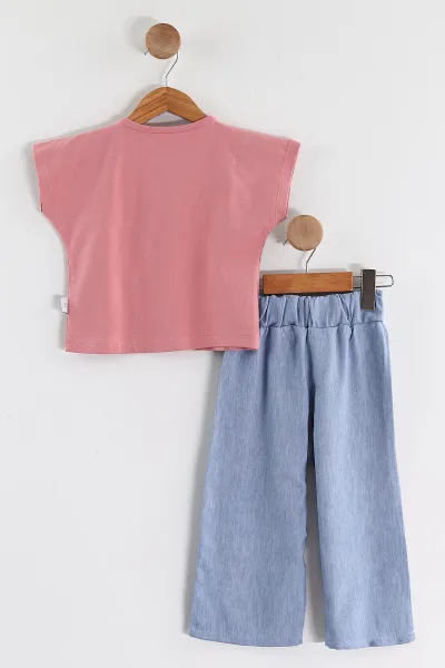 Pembe (1-5 Yaş) For Love Taş Baskılı  Tensel Pantolonlu Kız Çocuk Yazlık Takım 436640
