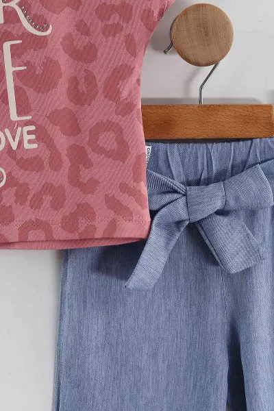 Pembe (1-5 Yaş) For Love Taş Baskılı  Tensel Pantolonlu Kız Çocuk Yazlık Takım 436640
