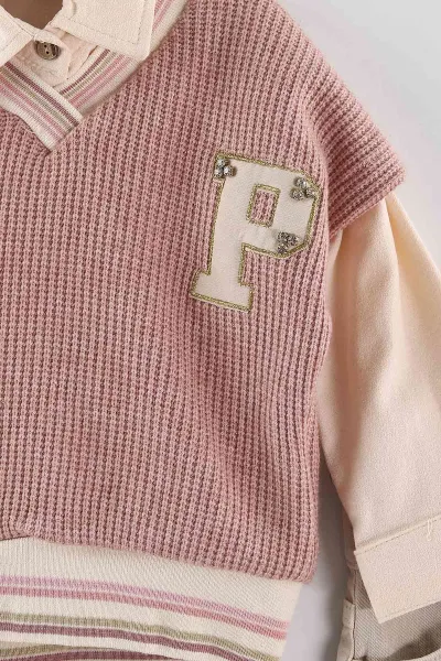 Pembe (1-5 Yaş) Gömlekli Triko Süveterli Gabardin Pantolonlu  Kız Çocuk 3'lü Takım 443783