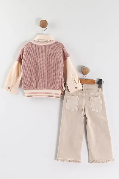 Pembe (1-5 Yaş) Gömlekli Triko Süveterli Gabardin Pantolonlu  Kız Çocuk 3'lü Takım 443783
