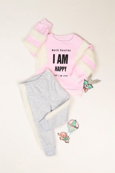 Pembe (1-5 Yaş) Happy Baskılı Peluş Detaylı Kız Çocuk Takım 81631