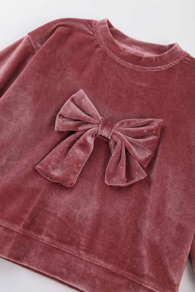 Pembe (1-5 Yaş) Kadife Taşlı Fiyonklu Kız Çocuk Takım 488972