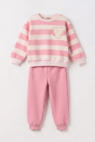 Pembe (1-5 Yaş) Kalın Çizgili Kalbi Peluş Nakışlı 3 İp Şardonlu Kız Çocuk Kışlık Takım 485386