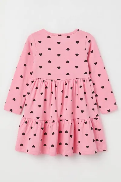 Pembe (1-5 Yaş) Kalp Baskılı Düğmeli   Uzun Kol Kız Çocuk Elbise 475784