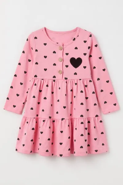 Pembe (1-5 Yaş) Kalp Baskılı Düğmeli   Uzun Kol Kız Çocuk Elbise 475784