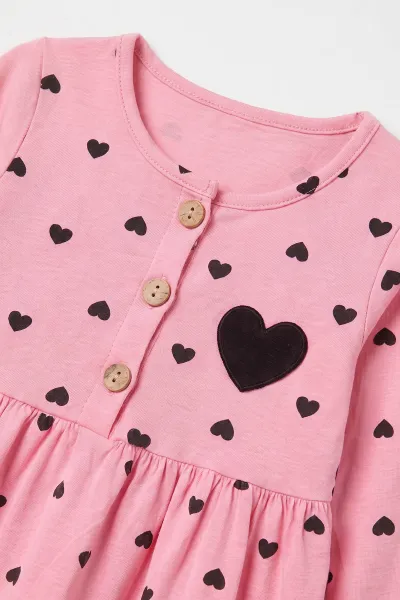 Pembe (1-5 Yaş) Kalp Baskılı Düğmeli   Uzun Kol Kız Çocuk Elbise 475784