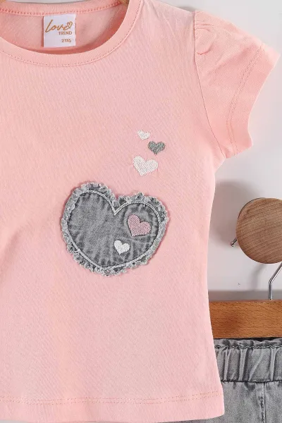 Pembe (1-5 Yaş) Kalp  Nakışlı Süprem Tişörtlü Kot Şortlu Kız Çocuk Yazlık Takım 455824