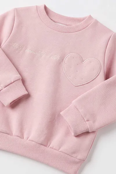 Pembe (1-5 Yaş) Kalp Nakışlı Taş Baskılı 3 İp Şardonlu Kız Çocuk Kışlık Takım 499737
