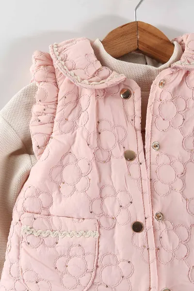 Pembe (1-5 Yaş) Kapitone Çiçek Nakışlı Yelekli    Gabardin Pantolonlu  Kız Çocuk 3'lü Takım 443844