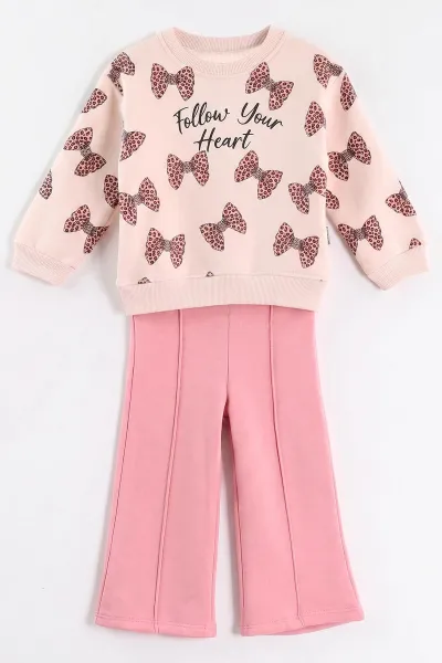 Pembe (1-5 Yaş) Kelebek Baskılı Çimalı 3 İp Şardonlu Kız Çocuk Kışlık Takım 492691