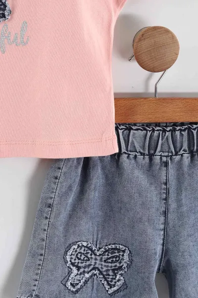 Pembe (1-5 Yaş) Kelebek   Nakışlı Süprem Tişörtlü Kot Şortlu Kız Çocuk Yazlık Takım 455828