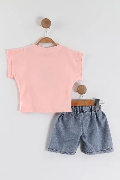 Pembe (1-5 Yaş) Kelebek   Nakışlı Süprem Tişörtlü Kot Şortlu Kız Çocuk Yazlık Takım 455828