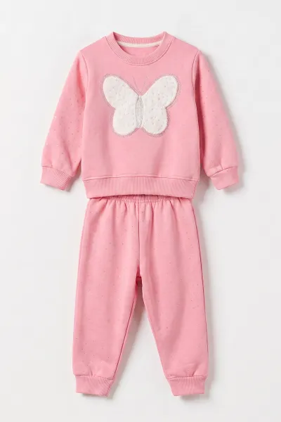 Pembe (1-5  Yaş) Kelebek Nakışlı Taş Baskılı  3 İp Şardonlu Kız Çocuk Takım 483017