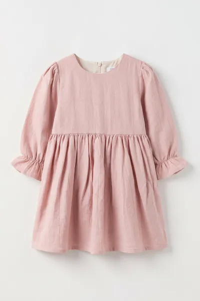 Pembe (1-5 Yaş) Keten Elbiseli Fiyonklu Triko Kazaklı  Kız Çocuk Elbiseli Takım 501077