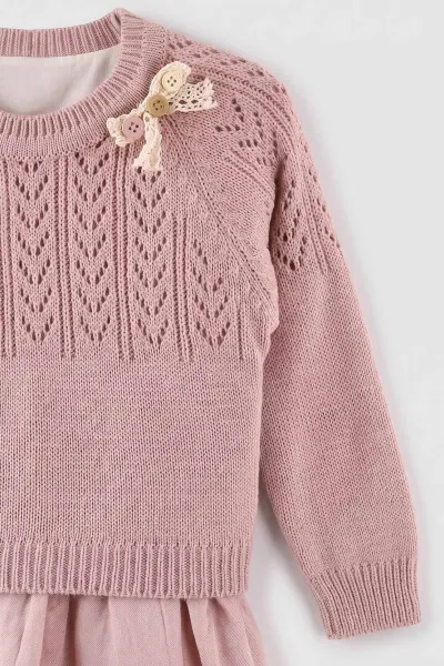 Pembe (1-5 Yaş) Keten Elbiseli Fiyonklu Triko Kazaklı  Kız Çocuk Elbiseli Takım 501077
