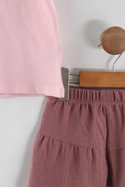 Pembe (1-5 Yaş) Örgü Çiçek Nakışlı Tişört ve Bürümcük Şortlu Kız Çocuk Yazlık Takım 468174