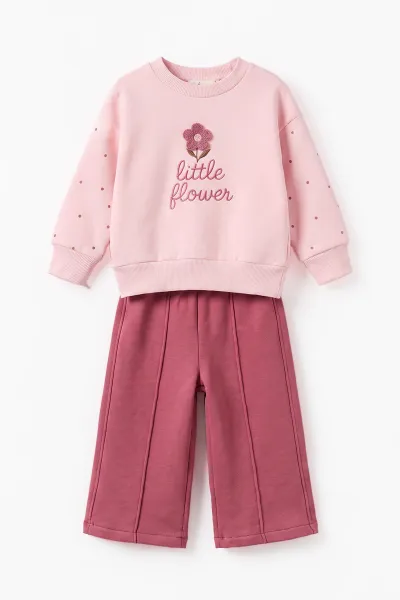 Pembe (1-5 Yaş) Papatya Nakışlı Alt Çimalı 3 İp Şardonlu Kız Çocuk Kışlık Takım 499725