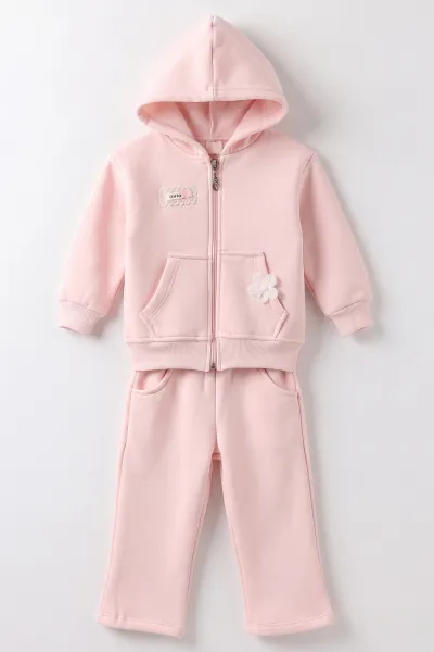 Pembe (1-5 Yaş) Papatyalı Kapüşon ve Fermuarlı 3 İp Şardonlu Kız Çocuk Kışlık Takım 487822