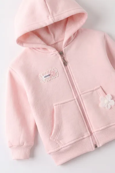 Pembe (1-5 Yaş) Papatyalı Kapüşon ve Fermuarlı 3 İp Şardonlu Kız Çocuk Kışlık Takım 487822