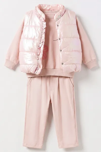 Pembe (1-5 Yaş) Parlak Şişme Yelekli 2 ip Kız Çocuk 3'lü Takım 473216