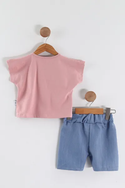 Pembe (1-5 Yaş) Perfect Taş Baskılı Tişörtlü  Kot Şortlu   Kız Çocuk Yazlık Takım 458958