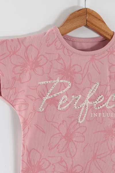 Pembe (1-5 Yaş) Perfect Taş Baskılı Tişörtlü  Kot Şortlu   Kız Çocuk Yazlık Takım 458958