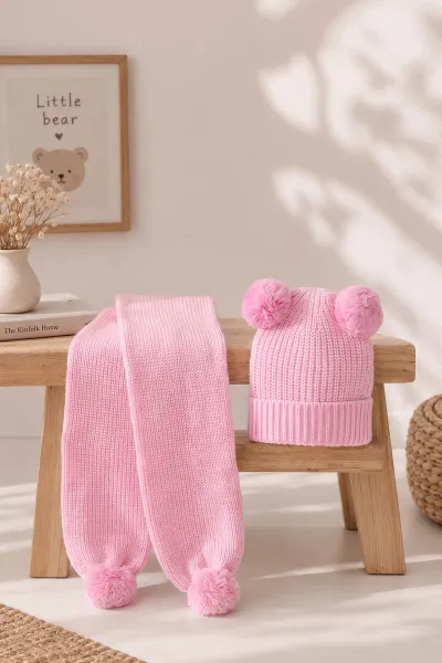 Pembe (1-5 Yaş) Ponponlu Kız  Çocuk Atkı Bere Takım 475067