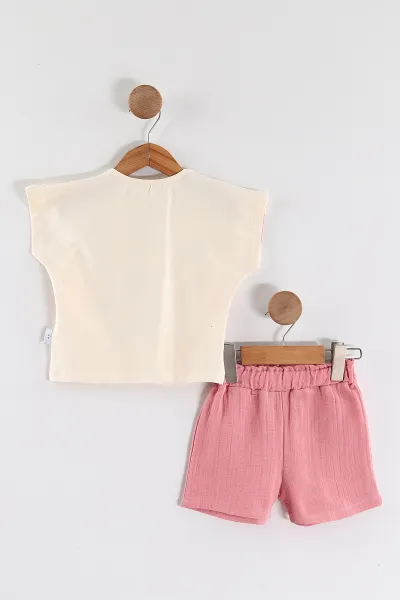 Pembe (1-5 Yaş) Prety Vibes Taş Baskılı Tişörtlü Müslin Şortlu Kız Çocuk Yazlık Takım 458949