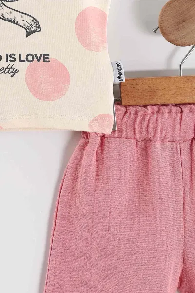Pembe (1-5 Yaş) Prety Vibes Taş Baskılı Tişörtlü Müslin Şortlu Kız Çocuk Yazlık Takım 458949