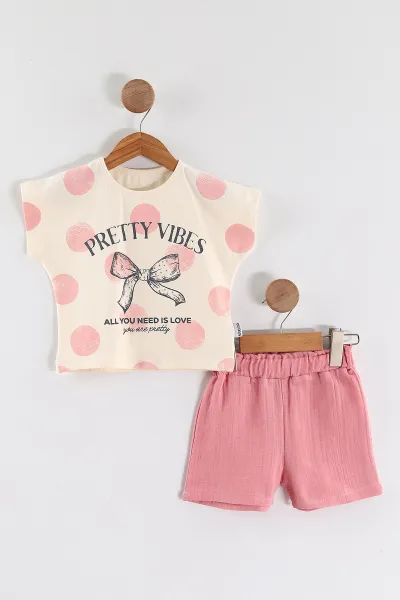 Pembe (1-5 Yaş) Prety Vibes Taş Baskılı Tişörtlü Müslin Şortlu Kız Çocuk Yazlık Takım 458949