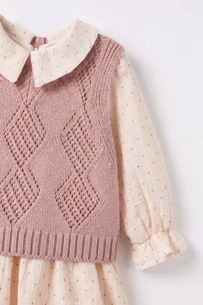 Pembe (1-5 Yaş) Puantiye Desen Müslin Elbiseli Triko Süveterli Kız Çocuk Elbiseli Takım 501063